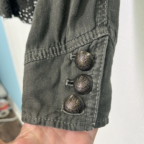 Free People - Emilia Linen Blend Military Olive Color Lace Trim Army Jacket XS - Picture 9 of 14